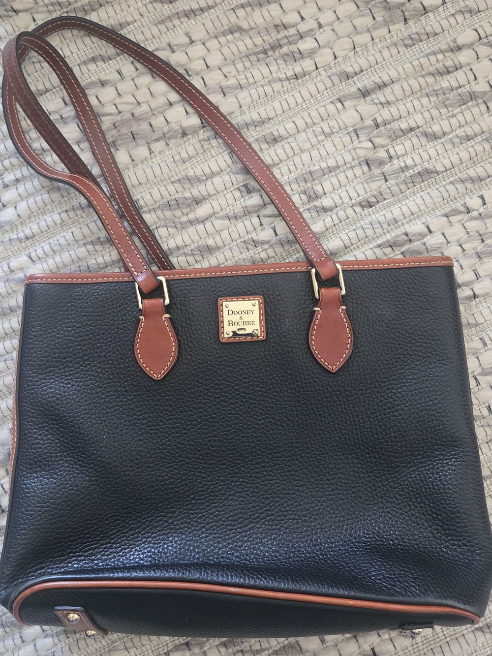 Dooney & Bourke Black Pebbled Leather Tote with Brown Trim